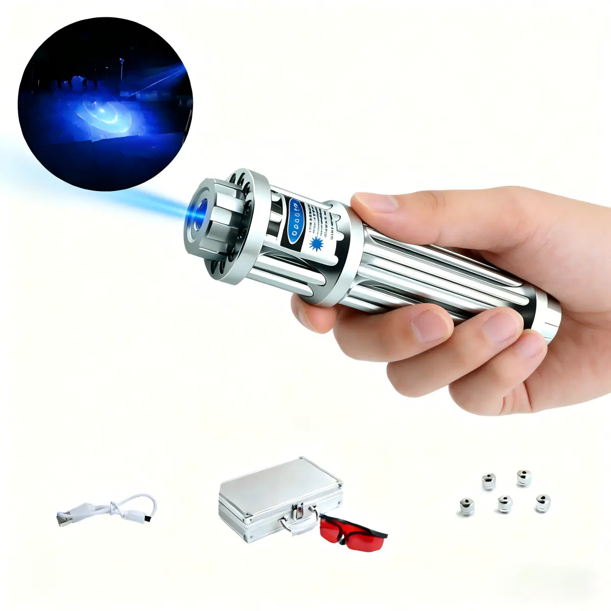 USB Rechargeable Laser Pointer 1600mW Blue Built-in Battery, SKU B017USB, 1600mw Power, 450nm blue laser Wavelength, silver Color, product image